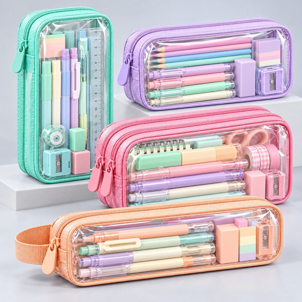 ST-224 Pastel Şeffaf PVC Kalemlik — 4 Boy