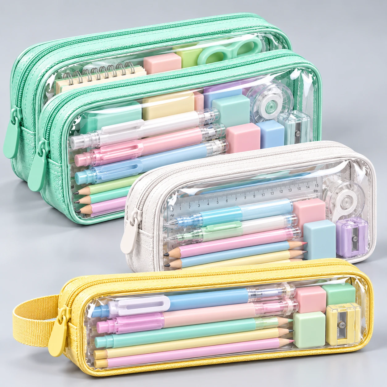 ST-229 Pastel Biyeli Şeffaf Kalemlik — 3 Boy