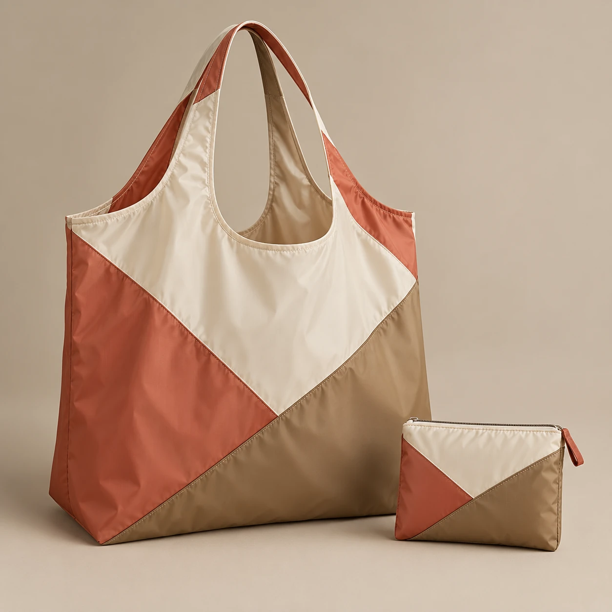 ST-265 Katlanabilir Renk Bloklu Alışveriş Çantası ve Pouch