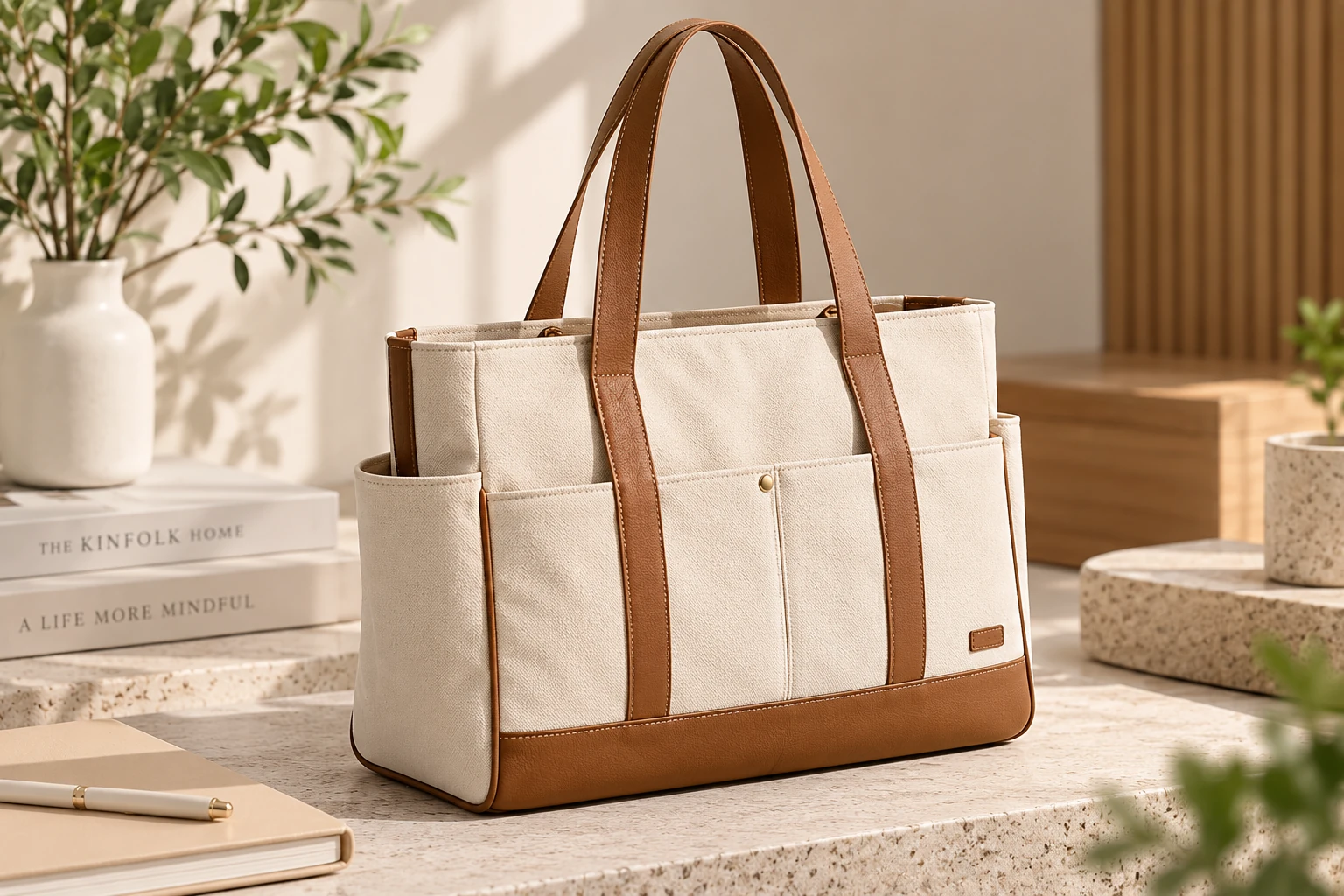 ST-269 Kahve Detaylı Premium Kanvas Tote Çanta