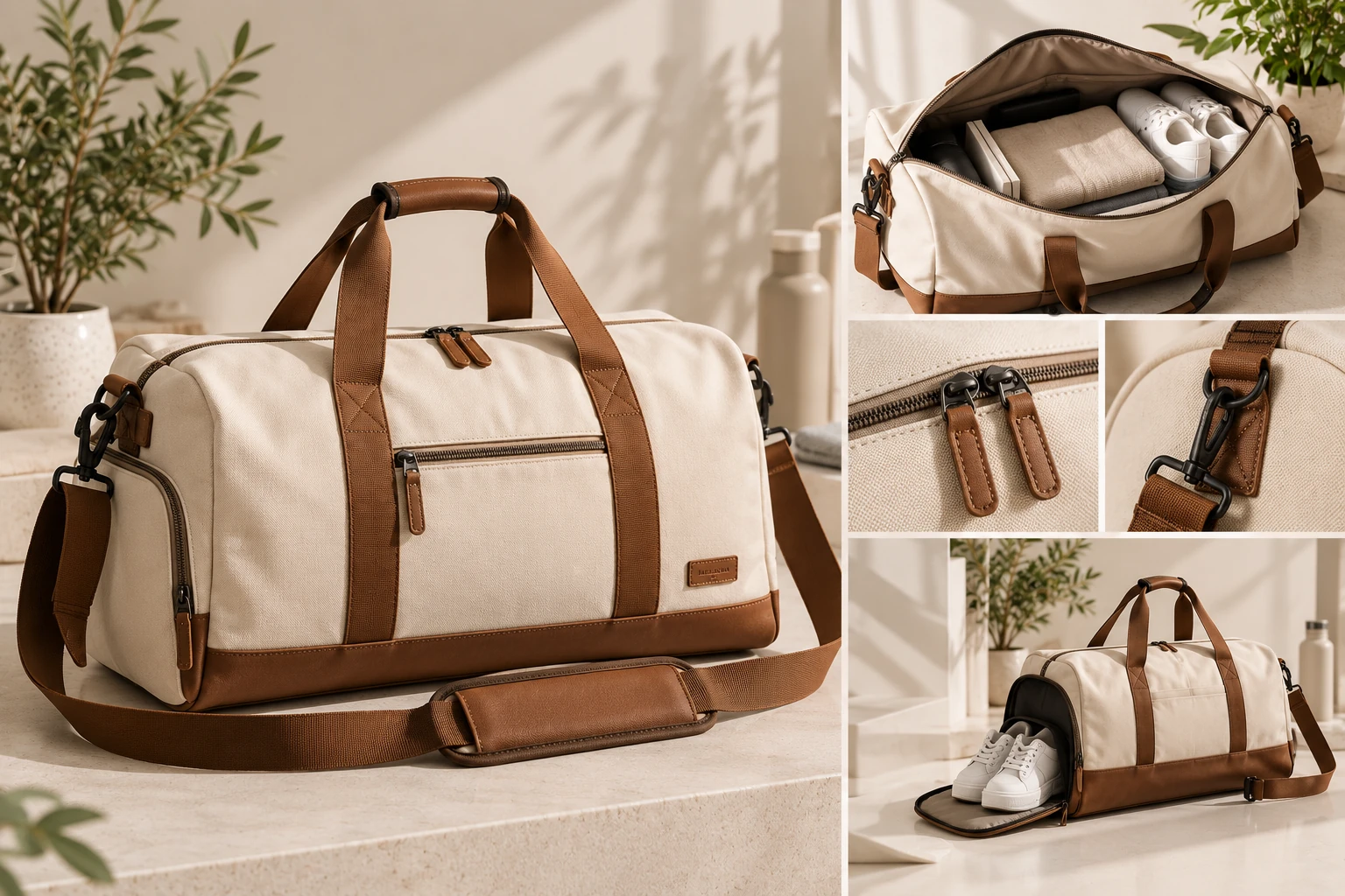 ST-282 Krem-Kahve Premium Kanvas Seyahat Duffel Çanta