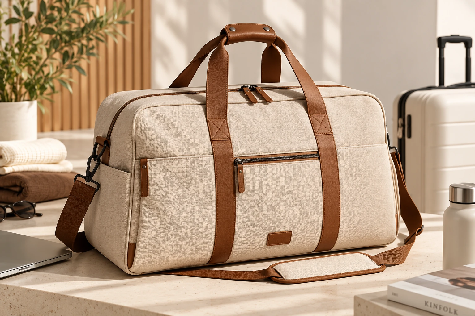 ST-282 Krem-Kahve Premium Kanvas Seyahat Duffel Çanta görünüm 2
