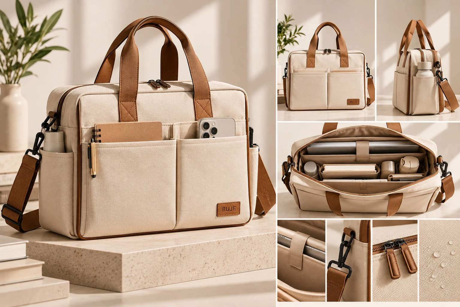 ST-289 Krem-Kahve Çok Cepli Premium Laptop Tote