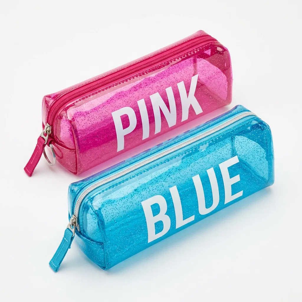 BUJE-04 Pembe Mavi Şeffaf PVC Kalemlik
