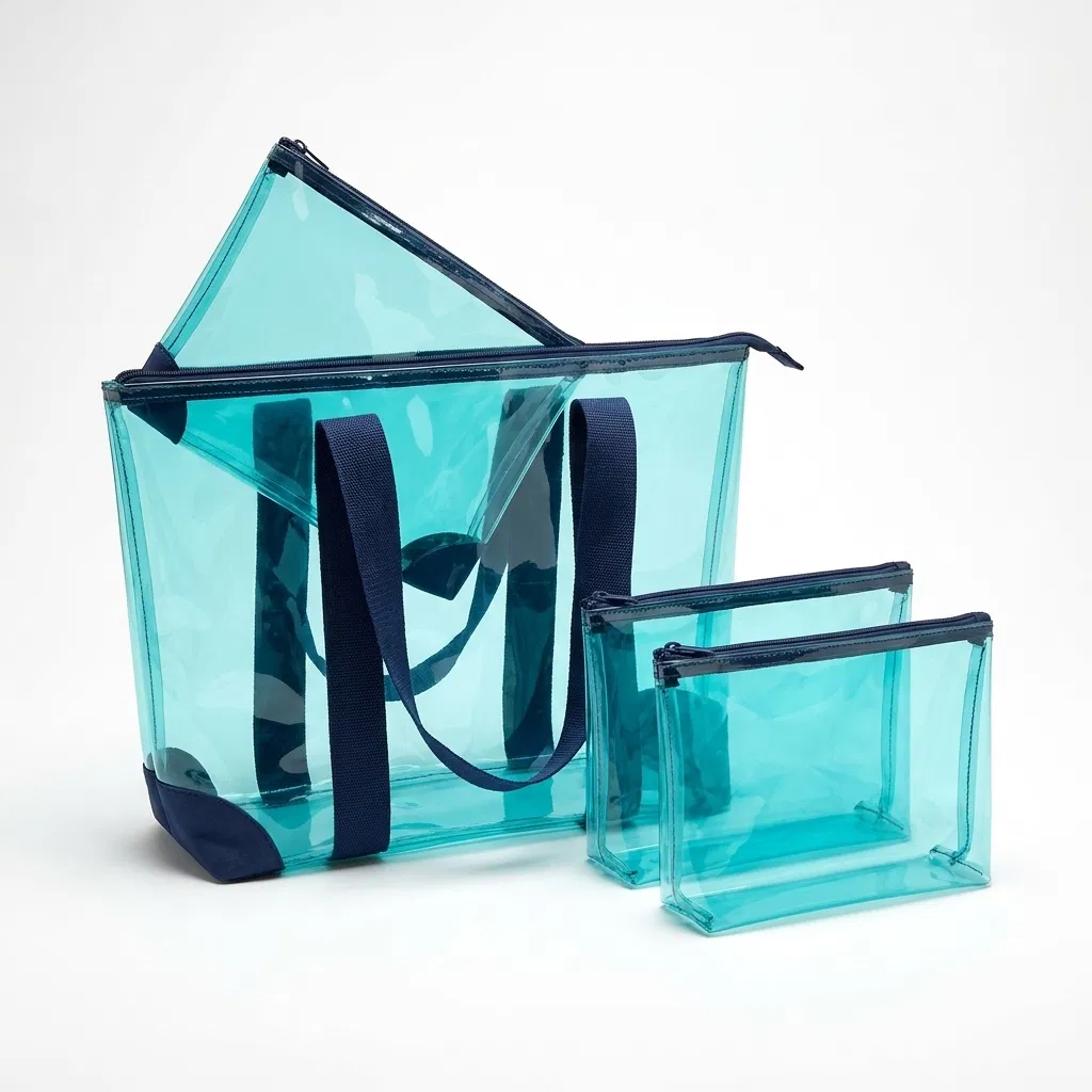 ST-024 Mavi Şeffaf Tote ve Pouch — 2 Model