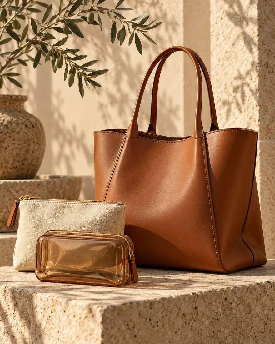 ST-026 Taba Deri Tote + İki Aksesuar Çantası