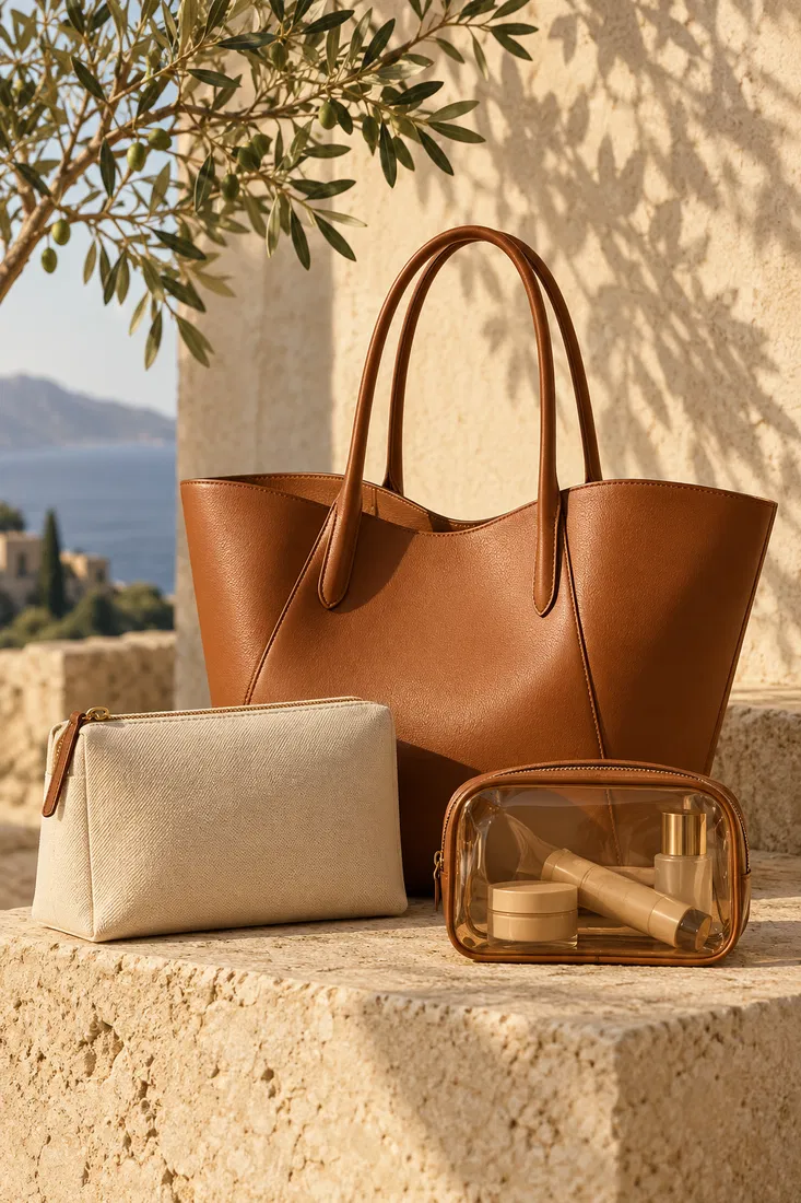 ST-055 Taba Deri Tote + İki Aksesuar Çantası — Stüdyo