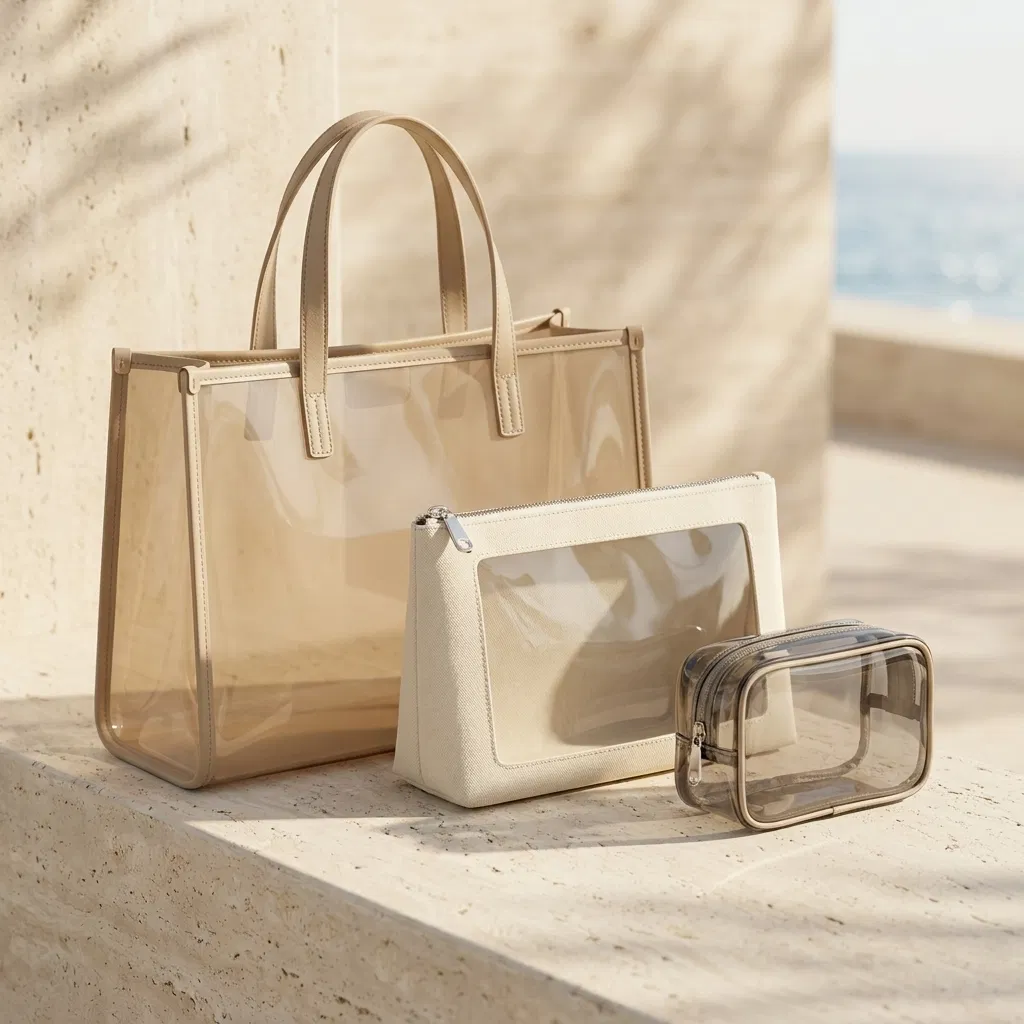 ST-072 Bej Şeffaf Tote ve Pouch Serisi — 3 Model