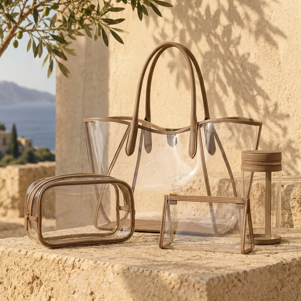 ST-120 Taba Biyeli Şeffaf Tote ve Pouch — 3 Model