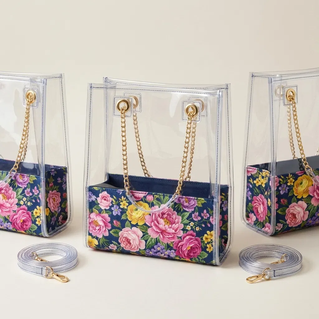 ST-132 Floral Panelli Şeffaf Zincirli Tote 2 Renk