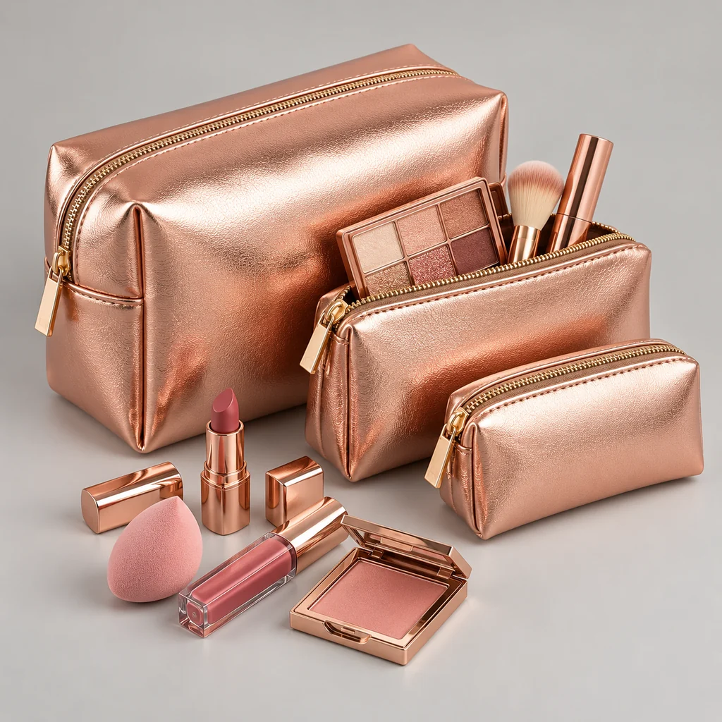 ST-190 Rose Gold Metalik 3'lü Makyaj Çantası Seti